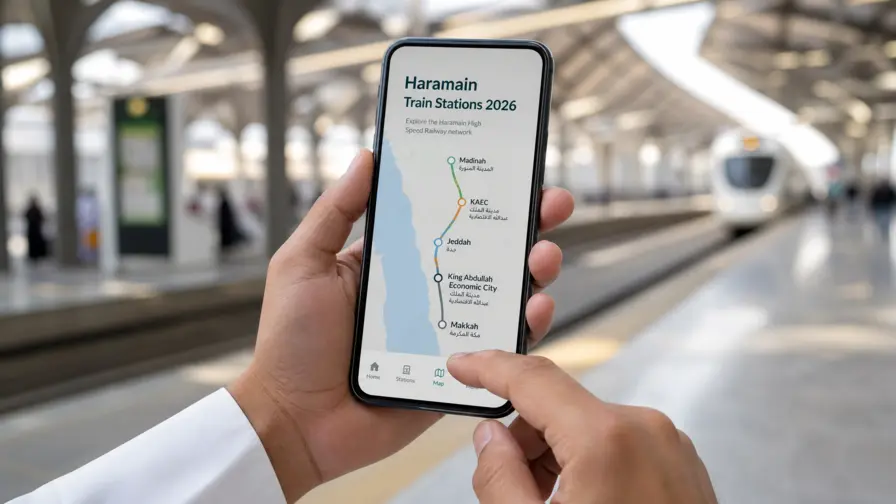 Hands holding a smartphone showing a map of Haramain train stations for the year 2026.