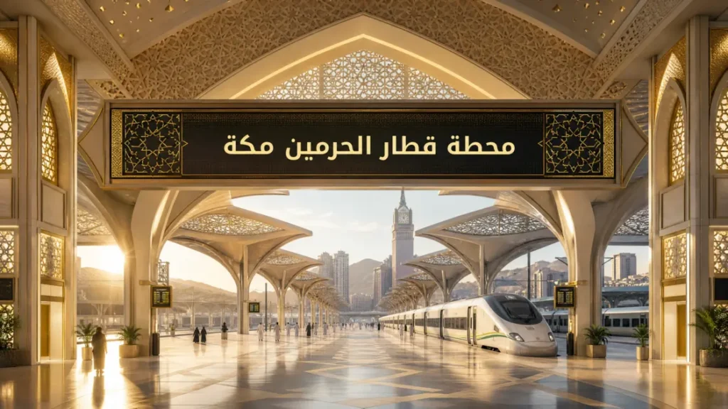 Modern Islamic architecture of Haramain train station in Makkah with Arabic text 'محطة قطار الحرمين مكة'.