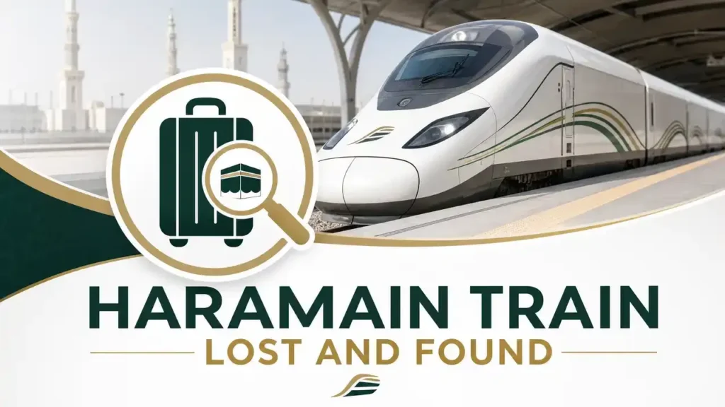 image showing haramain train lost and found written on a train station
