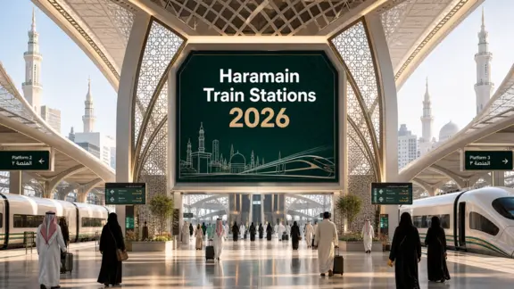 Modern high-speed train station in Saudi Arabia with a digital sign displaying Haramain Train Stations 2026.