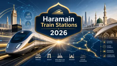 Abstract digital art of the Haramain high-speed railway network expansion with the focus text Haramain Train Stations 2026.