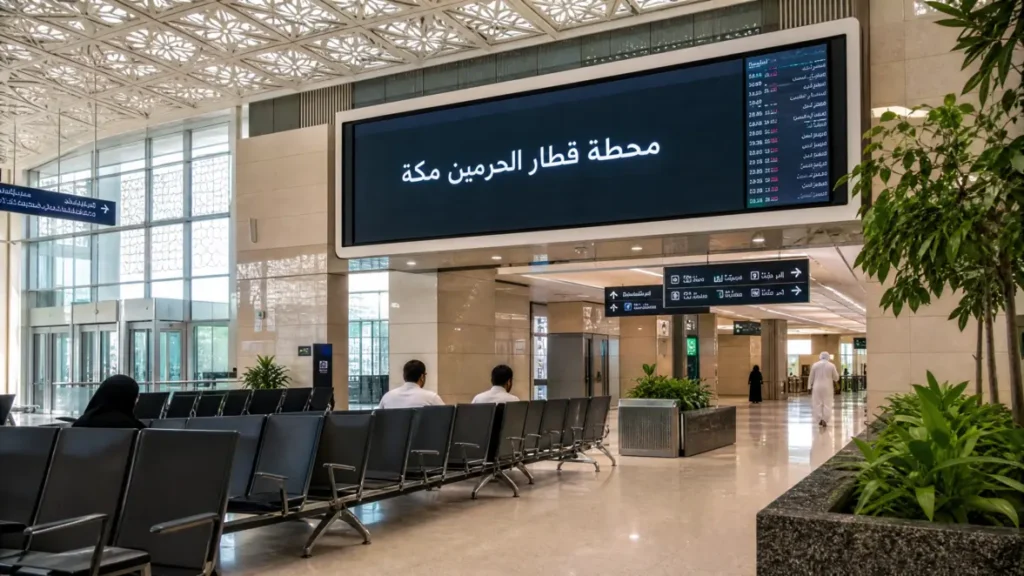 Inside view of Makkah Haramain train station waiting area with a digital sign in Arabic.