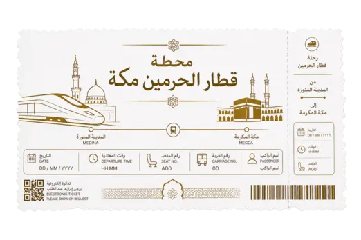 A standalone Saudi train ticket with perforated edges and transparent background, showing the Arabic text 'محطة قطار الحرمين مكة' and gold Islamic icons.