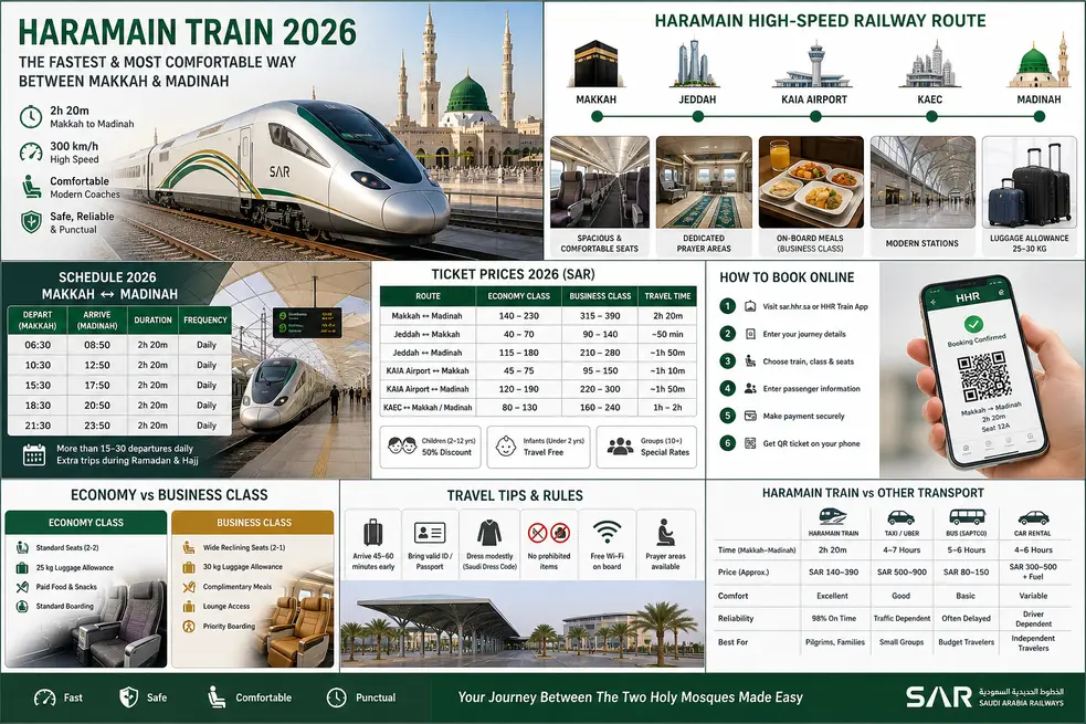 Haramain High-Speed Train 2026 infographic showing Makkah to Madinah route, 2h 20m travel time, ticket prices, schedule, booking steps, and economy vs business class comparison