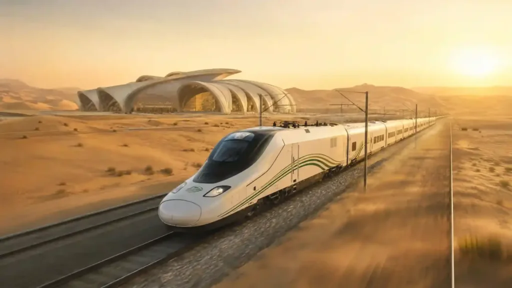 haramain train travelling through the deserts of saudi arabia