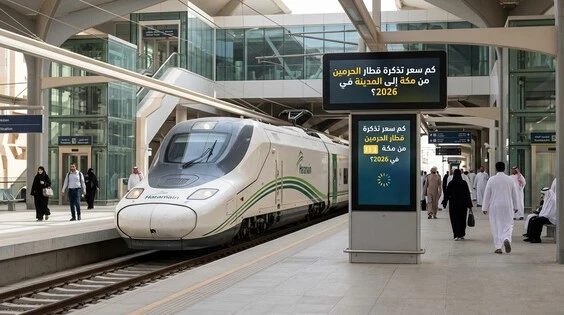 قطار الحرمين السريع في محطة مع شاشات إلكترونية تسأل عن أسعار التذاكر من مكة المكرمة إلى المدينة المنورة 2026