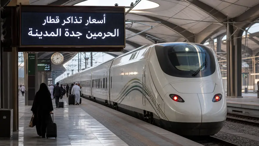 قطار الحرمين السريع في محطة جدة مع ظهور الكلمة المفتاحية أسعار تذاكر قطار الحرمين جدة المدينة على لوحة العرض.