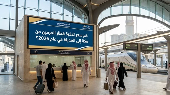 مسافرون في محطة قطار الحرمين السريع بجوار قطار متجه من مكة إلى المدينة
