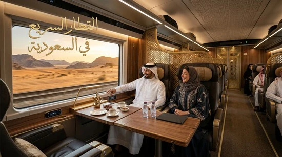 ركاب يستمتعون بالدرجة الفاخرة داخل القطار السريع في السعودية خلال الرحلة