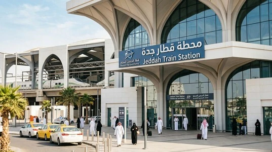 مبنى محطة قطار جدة الحديث مع نص التركيز العربي "محطة القطار جدة" وأشجار النخيل.