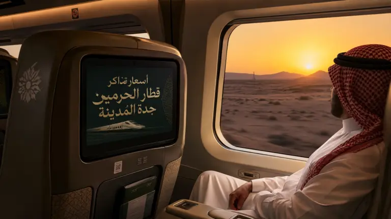 لقطة داخلية رائعة لمسافر يتأمل غروب الشمس في الصحراء السعودية من داخل قطار الحرمين. تم دمج الكلمة المفتاحية "أسعار تذاكر قطار الحرمين جدة المدينة" في شاشة الترفيه خلف المقعد، مما يبرز تجربة السفر المميزة.