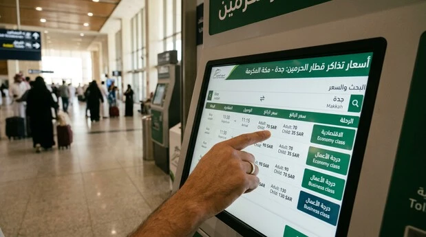شاشة حجز تذاكر قطار الحرمين السريع بين جدة ومكة تعرض أسعار الرحلات ومواعيد القطارات 2026