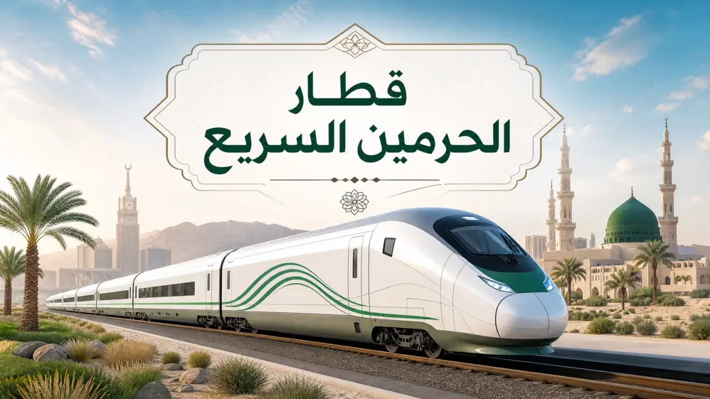 قطار فائق السرعة في المملكة العربية السعودية مع نص التركيز العربي "قطار الحرمين السريع" وخلفية معمارية إسلامية.