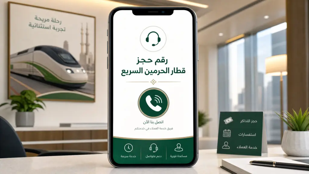 شاشة هاتف ذكي مع نص "رقم حجز قطار الحرمين السريع" وأيقونة خدمة العملاء رقم حجز قطار الحرمين السريع.