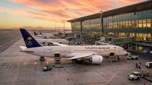 طائرة بوينغ 787 دريملاينر الحديثة التابعة للخطوط السعودية في مطار جدة الدولي وقت الغروب مع مسافرين وأجواء فاخرة.
