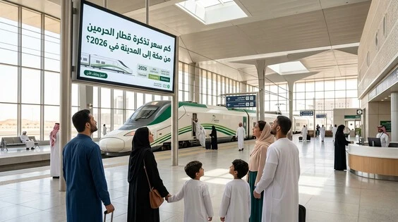عائلة ومسافرون داخل محطة قطار الحرمين السريع يشاهدون شاشة أسعار التذاكر لعام 2026 كم سعر تذكرة قطار الحرمين مكة إلى المدينة ؟
