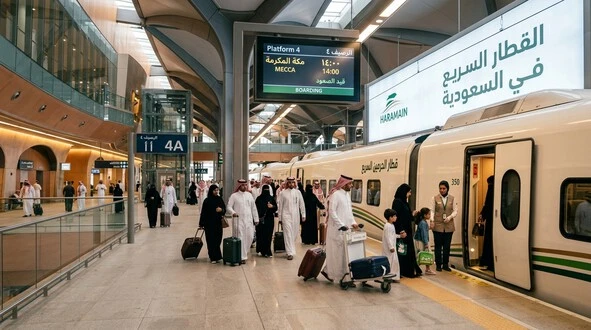 مسافرون داخل محطة القطار السريع في السعودية أثناء الصعود إلى قطار الحرمين السريع