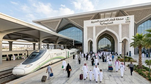 محطة قطار الحرمين السريع السليمانية في جدة مع القطار فائق السرعة والمسافرين أمام المحطة