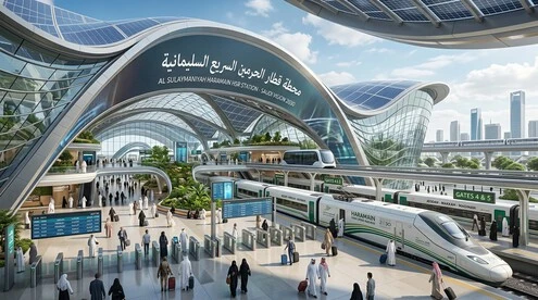 تصور مستقبلي لمحطة قطار الحرمين السريع السليمانية ومشاريع النقل الحديثة في السعودية