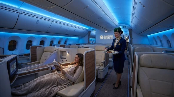 مقصورة درجة الأعمال الفاخرة داخل طائرة بوينغ 787 التابعة للخطوط السعودية مع مقاعد تتحول إلى أسرّة وإضاءة زرقاء هادئة.