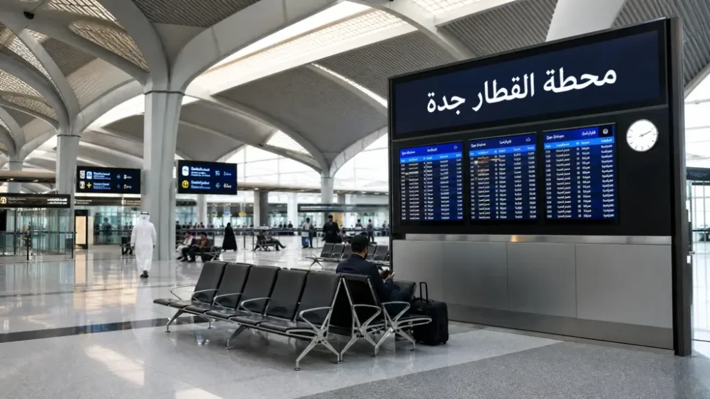 منظر داخلي لمنطقة الانتظار في محطة قطار جدة مع لوحة رقمية باللغة العربية.
محطة القطار جدة