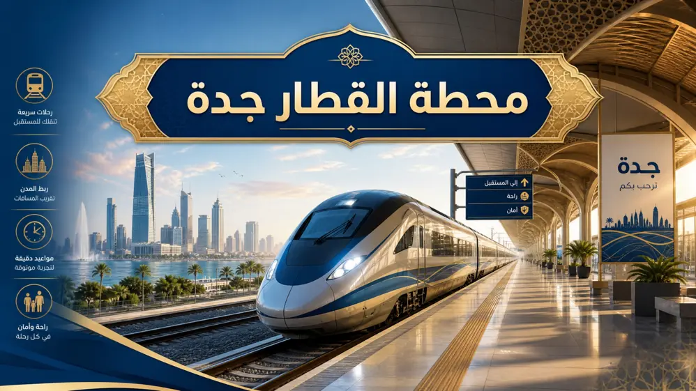 فن رقمي تجريدي لقطار فائق السرعة في محطة جدة مع نص التركيز "محطة القطار جدة".
