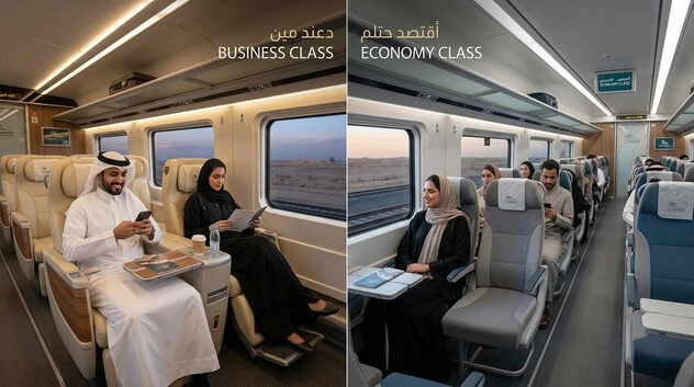 Premium Business Class and comfortable Economy Class seating inside the Haramain train.