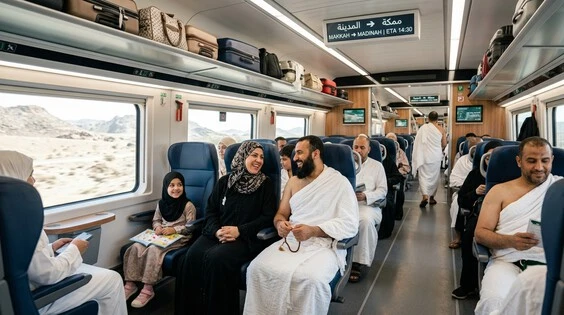 Umrah pilgrims enjoying a comfortable journey inside the Haramain High Speed Train with properly stored luggage.