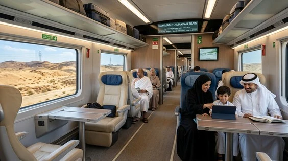 Passengers enjoying a comfortable ride inside the Haramain High-Speed Train during their journey from Dammam to Makkah.