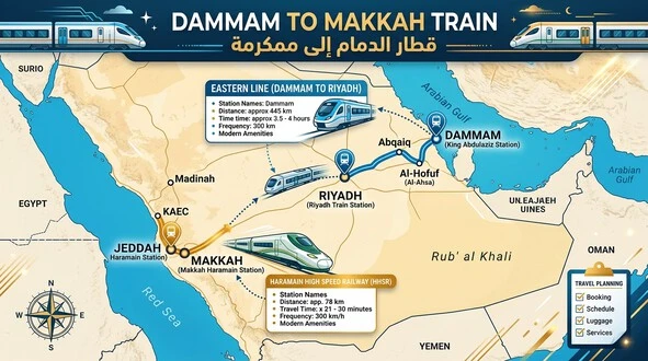 Route map illustrating the Dammam to Makkah train journey through Riyadh and the Haramain High-Speed Railway.