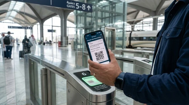 HHR Train app for iPhone displaying a digital e-ticket with QR code for boarding.