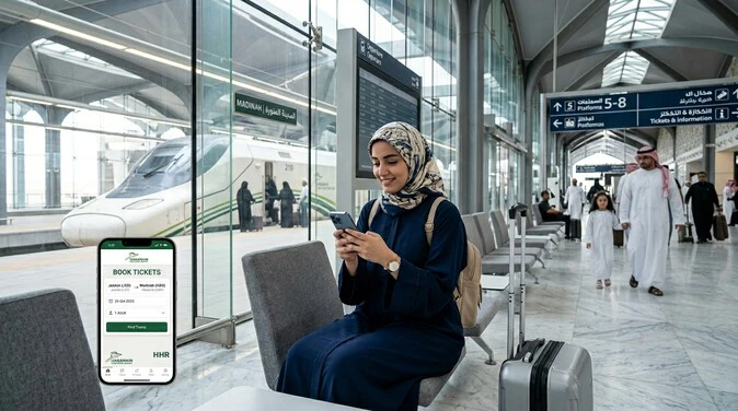 Traveler booking Haramain train tickets on an iPhone using the HHR Train app.
