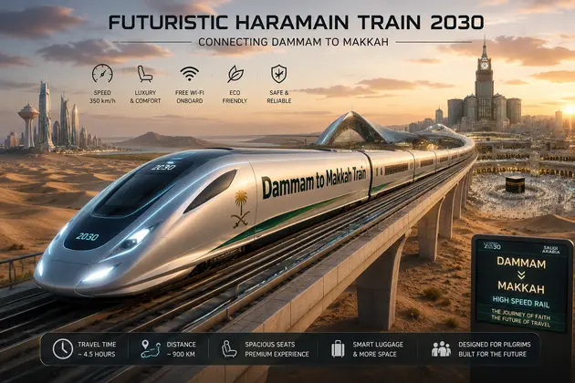 Futuristic Haramain high-speed train in 2030 traveling from Dammam to Makkah through the Saudi desert with advanced railway infrastructure and modern stations.
