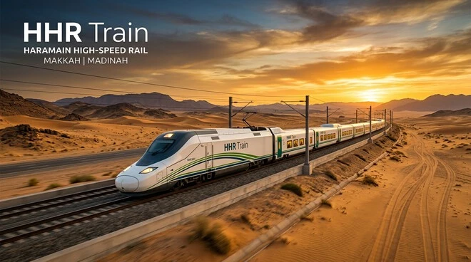 HHR Train speeding through the Saudi desert between Makkah and Madinah