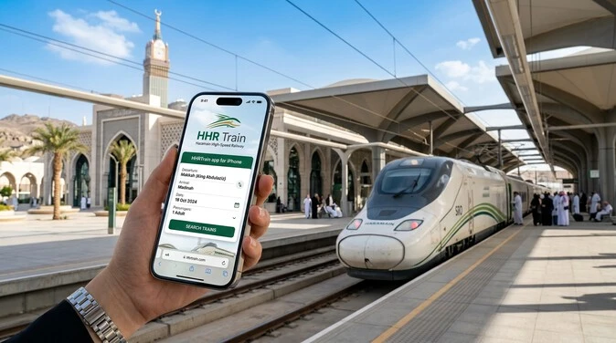 HHR Train app for iPhone displaying booking interface with Haramain High-Speed Railway in the background.