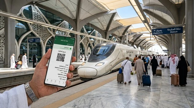 HHR Train App displayed on a smartphone with the Haramain High-Speed Train at a modern Saudi railway station.