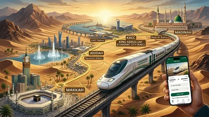 Haramain High-Speed Railway connecting Makkah, Jeddah, KAEC, and Madinah.