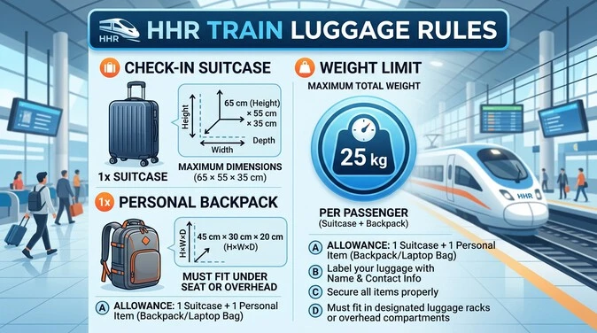 HHR Train luggage policy showing suitcase size and baggage rules