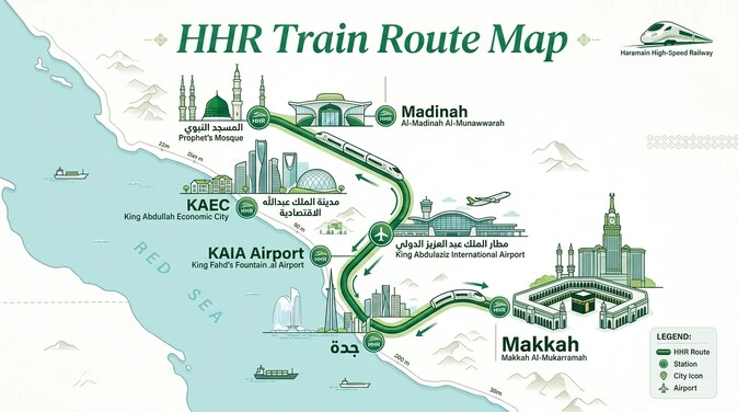 HHR Train route map connecting Makkah Jeddah KAIA KAEC and Madinah