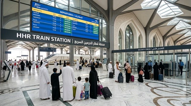 Travelers waiting inside a modern HHR Train station
