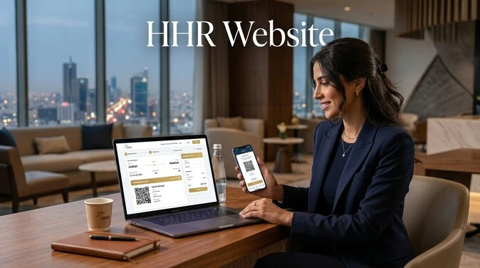 HHR Website online booking illustration with laptop, smartphone, and digital train ticket.