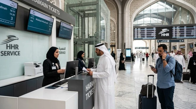 Passenger receiving Haramain train ticket cancellation assistance at station