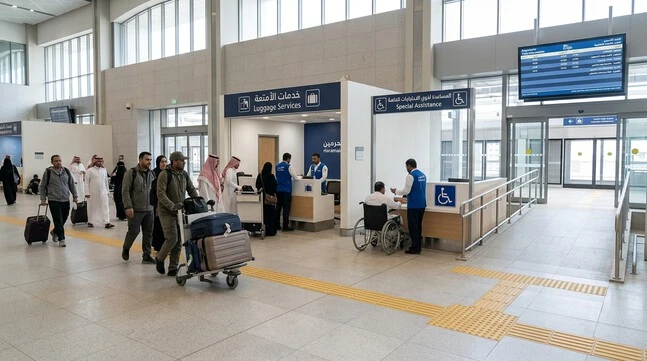 Passengers using luggage services and special assistance facilities at Haramain High Speed Railway Station in Saudi Arabia.