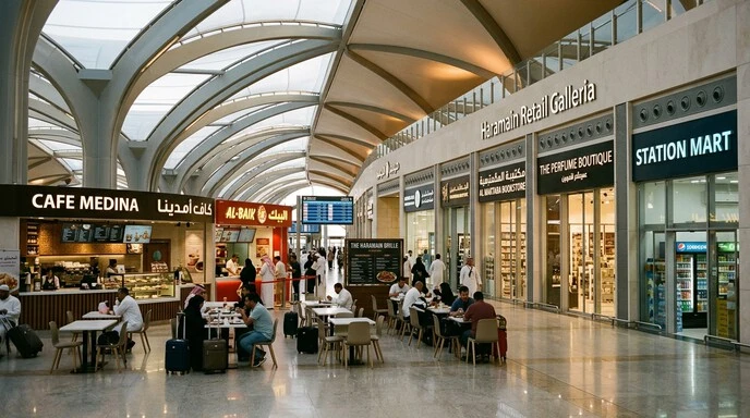 Passengers dining and shopping inside Haramain High Speed Railway Station retail galleria with cafes, restaurants, and stores in Saudi Arabia Haramain Train Station Medina.