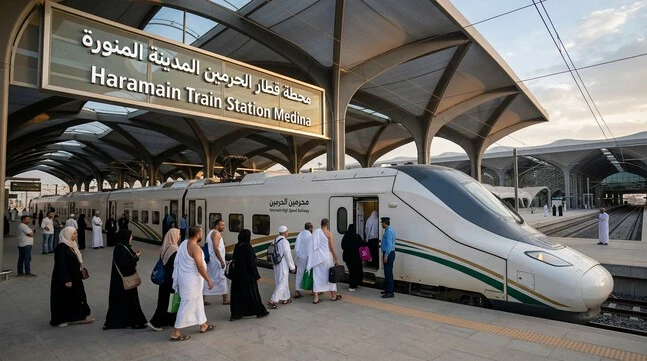 Haramain high-speed train parked at Haramain Train Station Medina with passengers preparing to board.