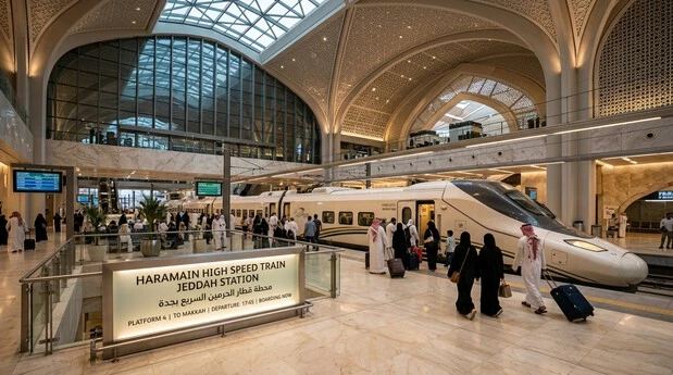 Haramain High Speed Train Jeddah Station with passengers boarding a modern train.