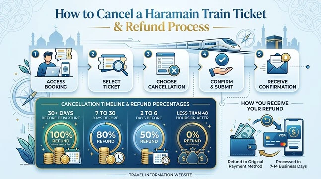 Haramain train refund and cancellation policy infographic