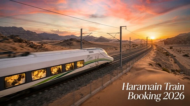Haramain Train Booking 2026 high-speed train traveling between Makkah and Madinah