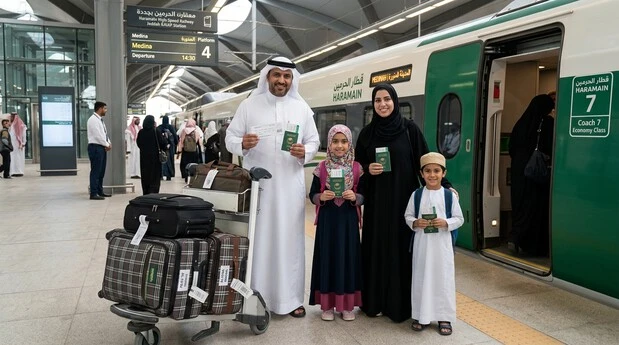 Family preparing luggage according to Haramain Train Booking baggage policy
