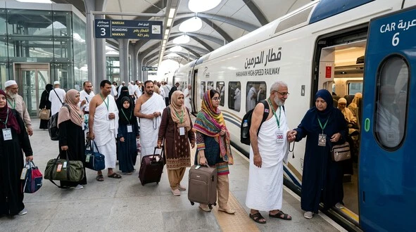 Umrah pilgrims using Haramain Train Booking service in Saudi Arabia